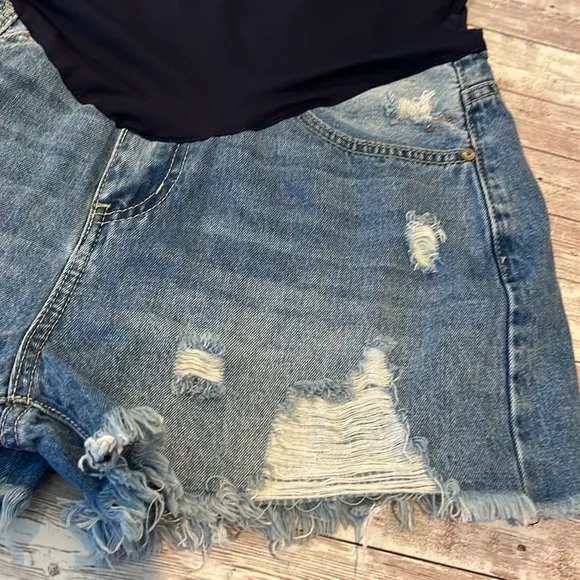 Pinkblush Dark Wash Distressed Fringe Hem Maternity Full Panel Jean Shorts