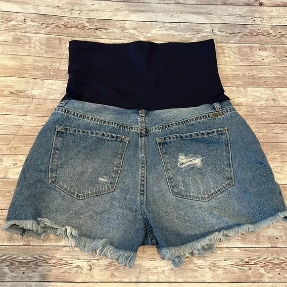 Pinkblush Dark Wash Distressed Fringe Hem Maternity Full Panel Jean Shorts