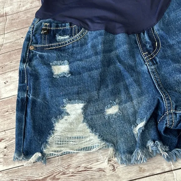 Pinkblush Dark Wash Distressed Fringe Hem Maternity Full Panel Jean Shorts