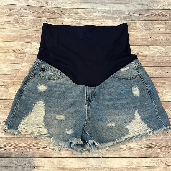 Pinkblush Dark Wash Distressed Fringe Hem Maternity Full Panel Jean Shorts