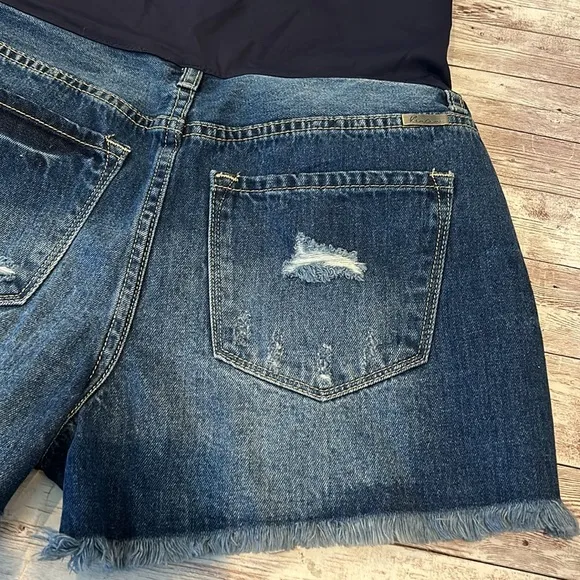 Pinkblush Dark Wash Distressed Fringe Hem Maternity Full Panel Jean Shorts