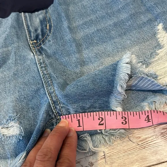 Pinkblush Dark Wash Distressed Fringe Hem Maternity Full Panel Jean Shorts
