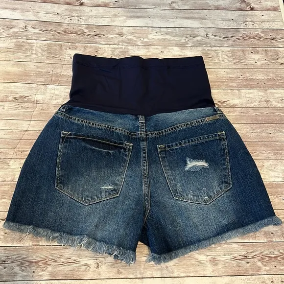 Pinkblush Dark Wash Distressed Fringe Hem Maternity Full Panel Jean Shorts