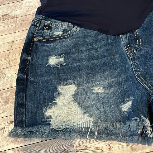 Pinkblush Dark Wash Distressed Fringe Hem Maternity Full Panel Jean Shorts