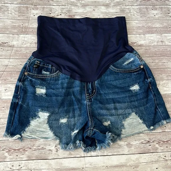 Pinkblush Dark Wash Distressed Fringe Hem Maternity Full Panel Jean Shorts
