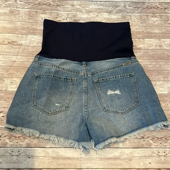 Pinkblush Dark Wash Distressed Fringe Hem Maternity Full Panel Jean Shorts