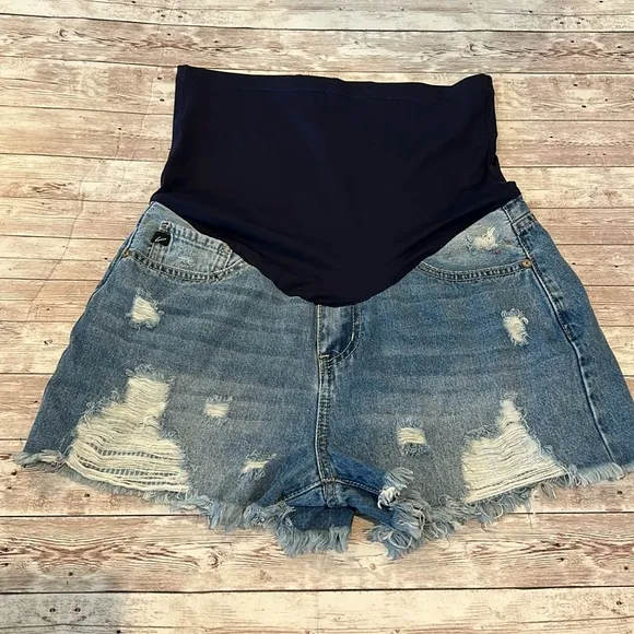 Pinkblush Dark Wash Distressed Fringe Hem Maternity Full Panel Jean Shorts
