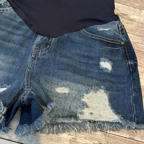Pinkblush Dark Wash Distressed Fringe Hem Maternity Full Panel Jean Shorts