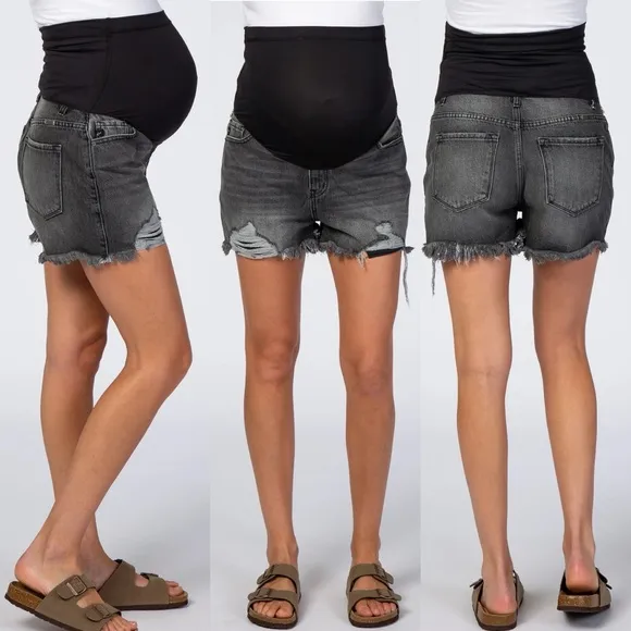 Pinkblush Faded Black Grey Distressed Full Panel Raw Hem Maternity Jean Shorts