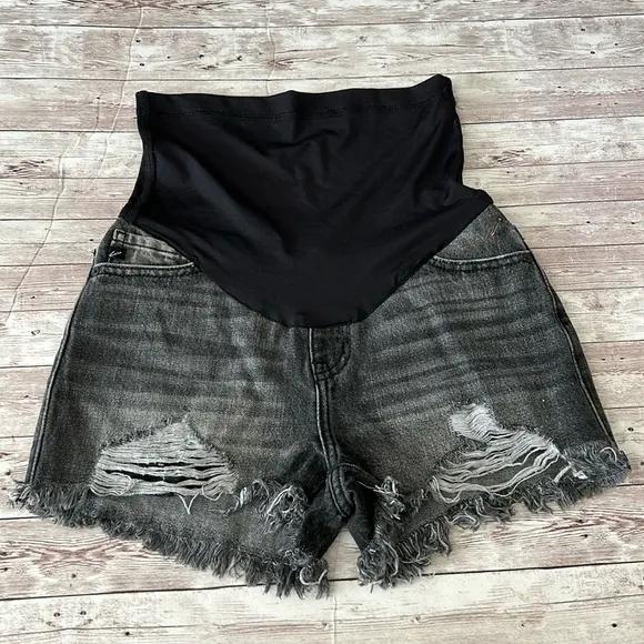 Pinkblush Faded Black Grey Distressed Full Panel Raw Hem Maternity Jean Shorts