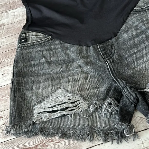 Pinkblush Faded Black Grey Distressed Full Panel Raw Hem Maternity Jean Shorts