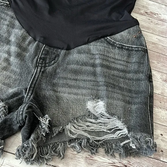 Pinkblush Faded Black Grey Distressed Full Panel Raw Hem Maternity Jean Shorts