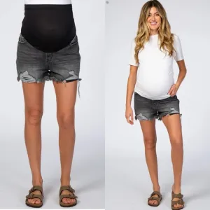 Pinkblush Faded Black Grey Distressed Full Panel Raw Hem Maternity Jean Shorts