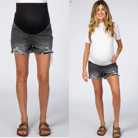 Pinkblush Faded Black Grey Distressed Full Panel Raw Hem Maternity Jean Shorts