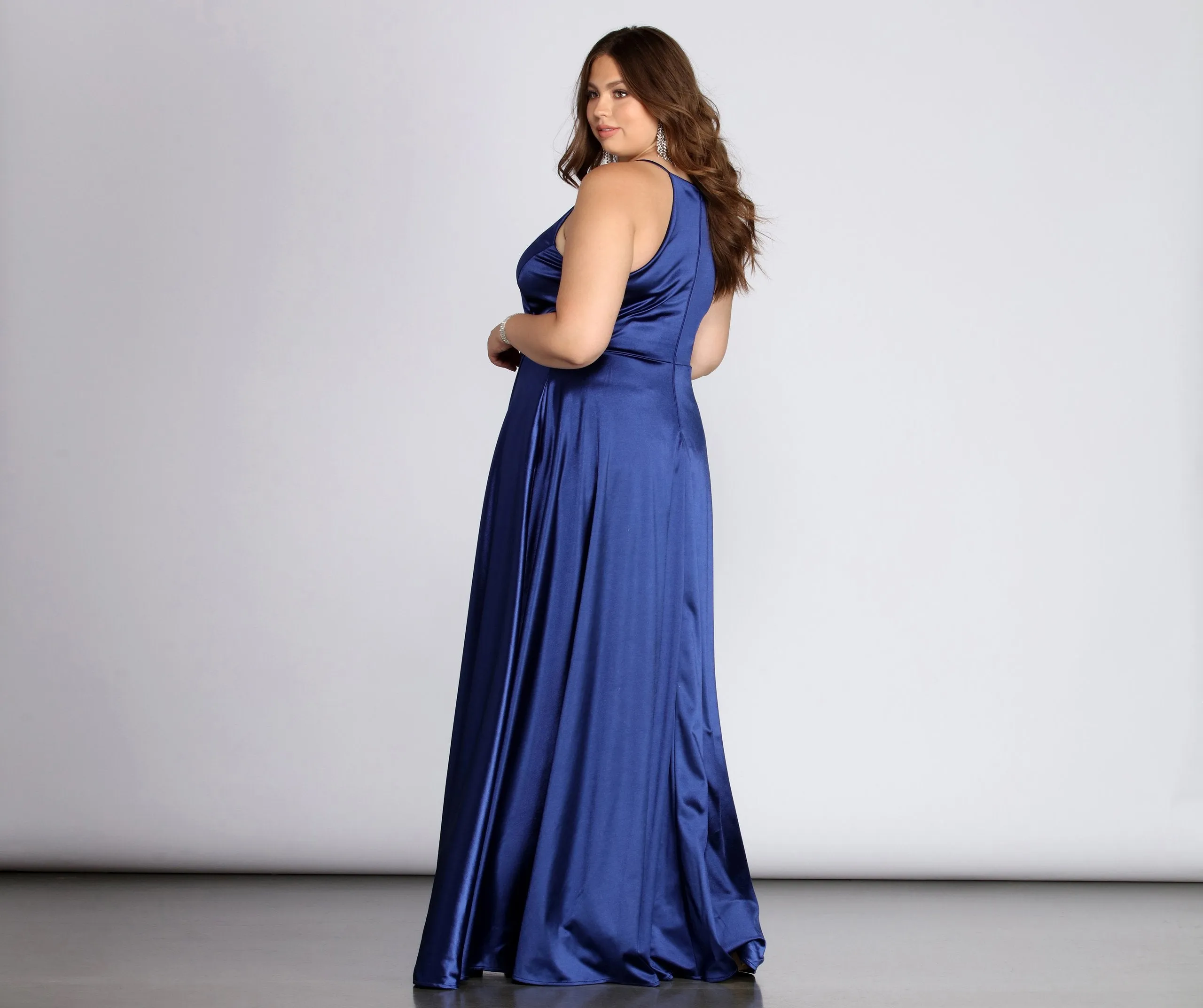 Plus Gabrielle Formal Charming High Slit Satin Dress
