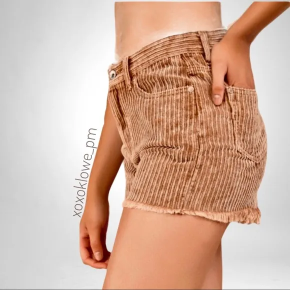 POL Camel Frayed Hem Corduroy Shorts