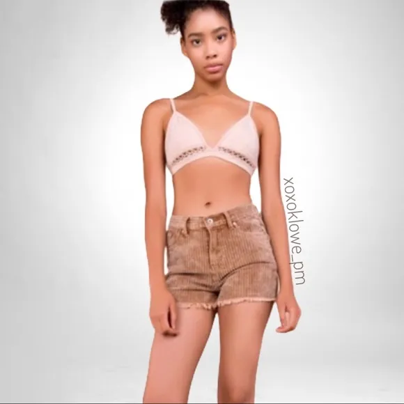 POL Camel Frayed Hem Corduroy Shorts