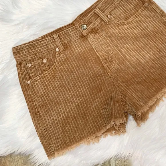 POL Camel Frayed Hem Corduroy Shorts