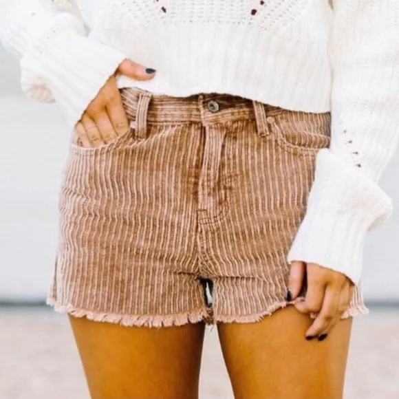 POL Camel Frayed Hem Corduroy Shorts