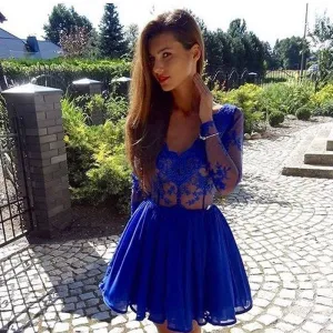 Pretty V-Neck Long Sleeves Royal Blue Short Cheap Homecoming Dresses, QB0191