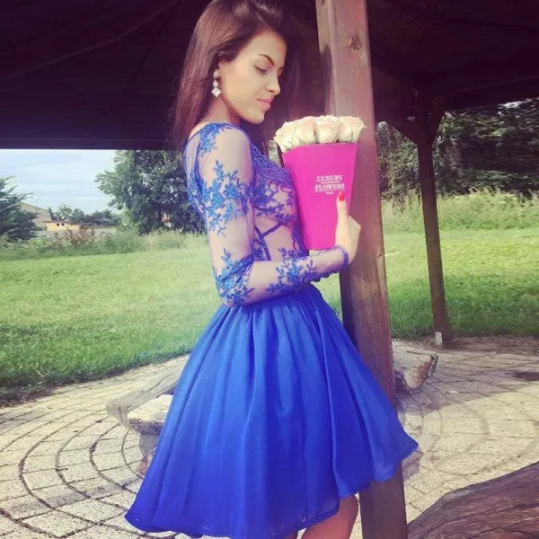 Pretty V-Neck Long Sleeves Royal Blue Short Cheap Homecoming Dresses, QB0191