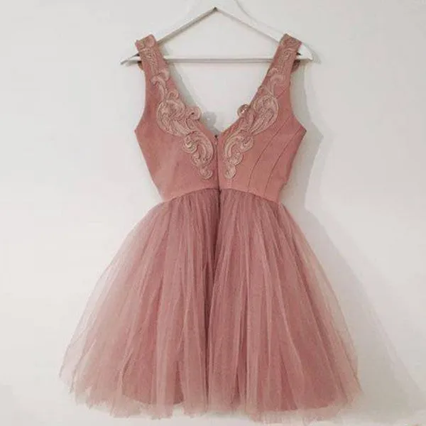 Pretty V-Neck Short Cheap Blush Pink Appliques Homecoming Dresses, QB0188