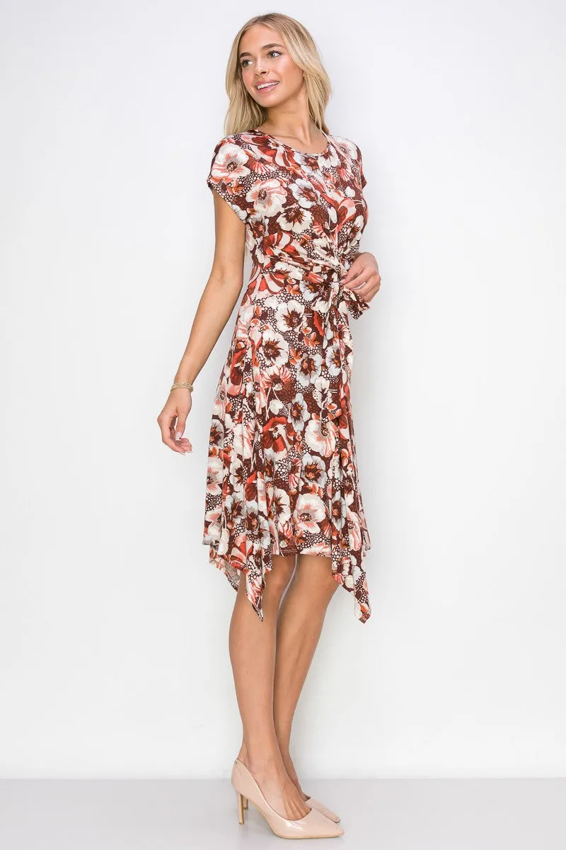 Printed Ruched Waist Hanky Hem Short Sleeve Dress