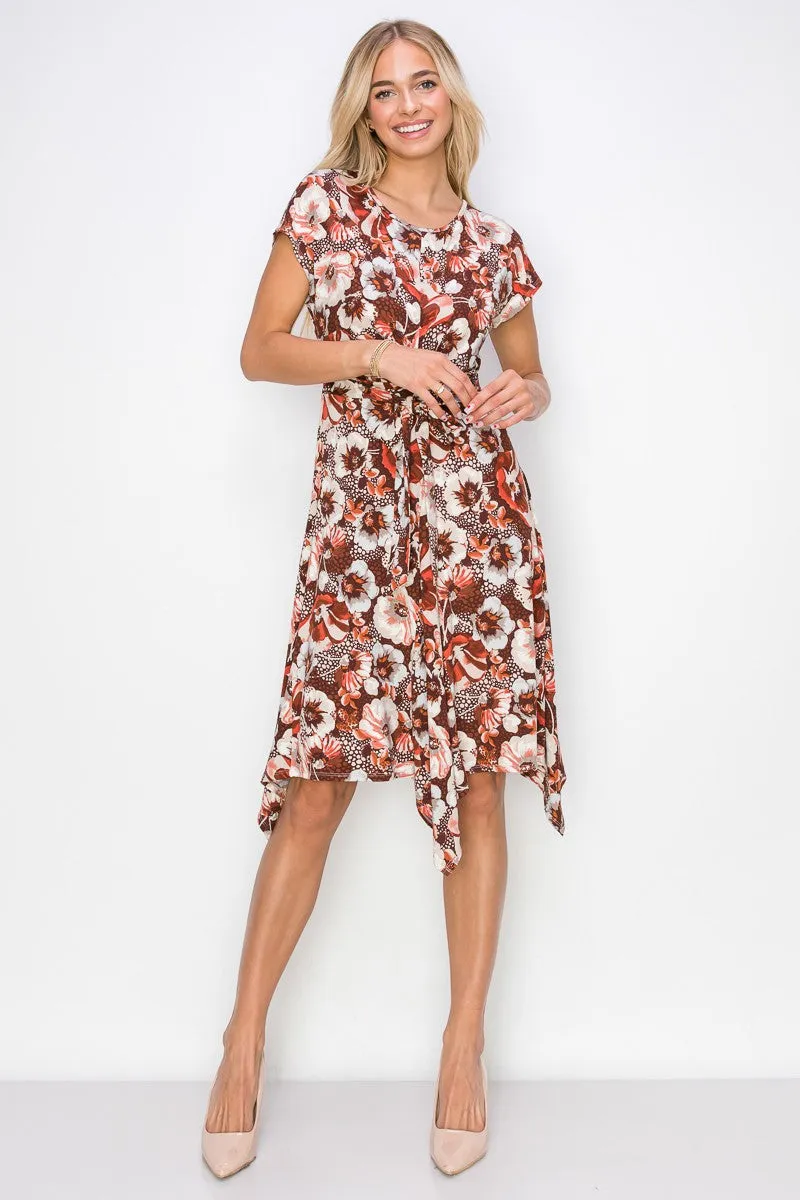 Printed Ruched Waist Hanky Hem Short Sleeve Dress