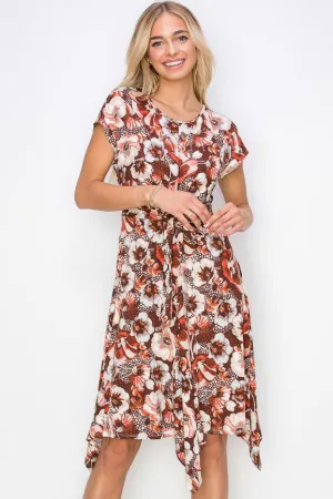 Printed Ruched Waist Hanky Hem Short Sleeve Dress
