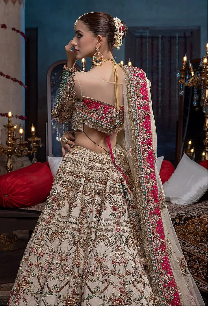 Raw Silk Bridal Ivory and Gold Lehenga Choli #BN1050