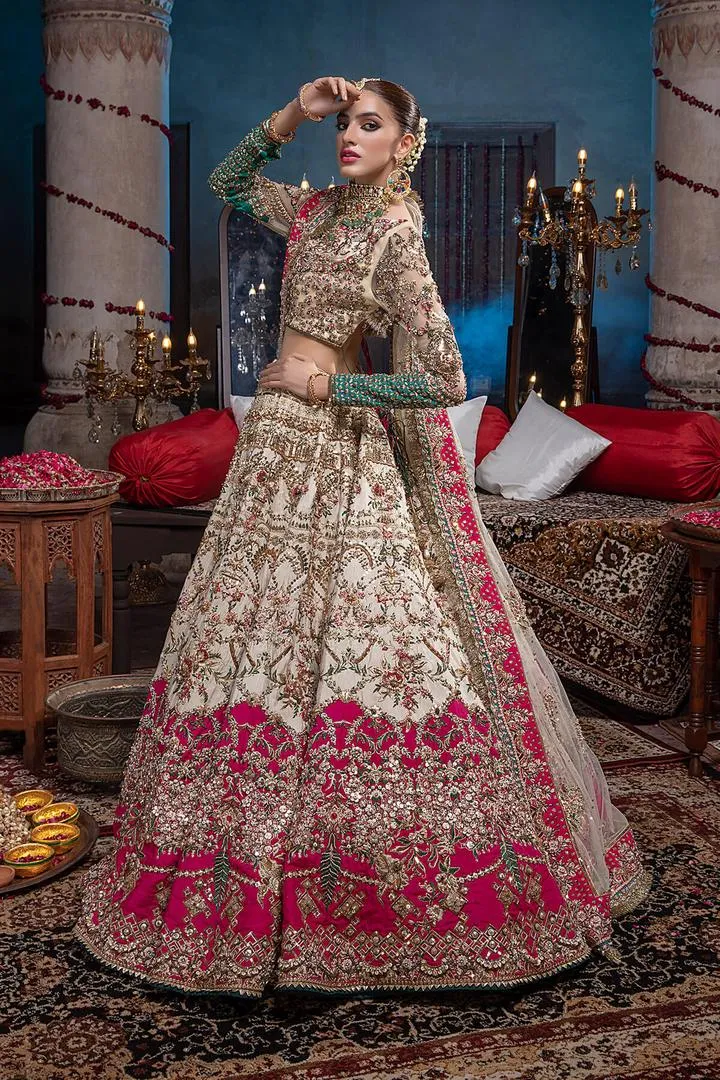 Raw Silk Bridal Ivory and Gold Lehenga Choli #BN1050