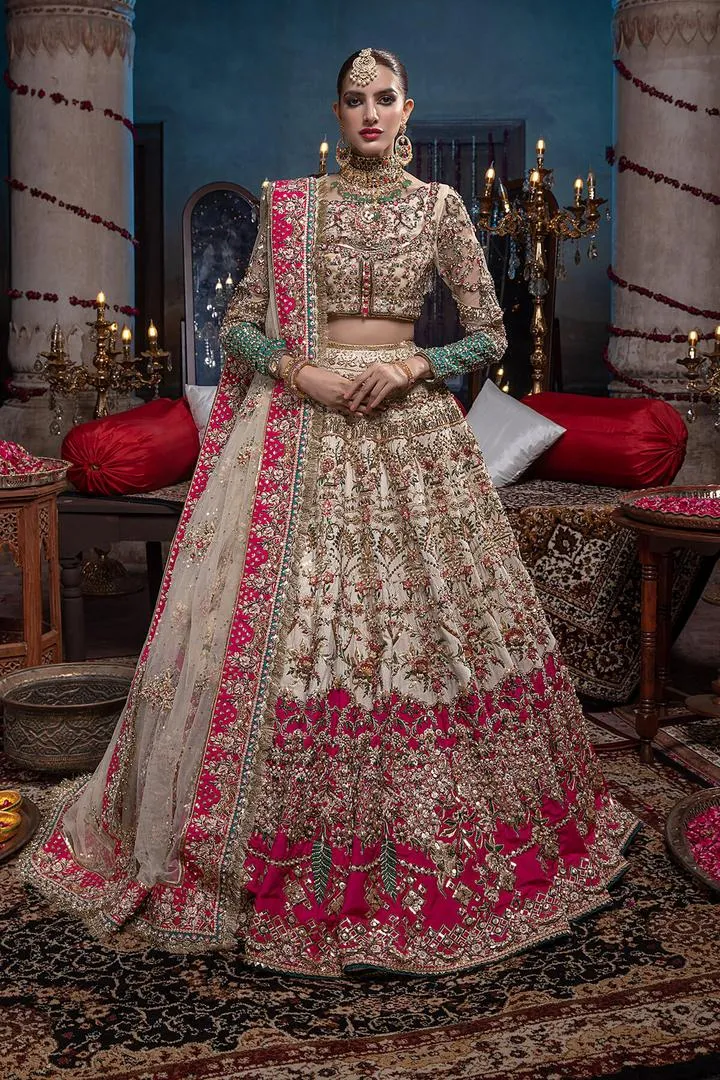 Raw Silk Bridal Ivory and Gold Lehenga Choli #BN1050