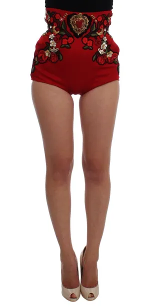 Red Silk Crystal Roses Shorts