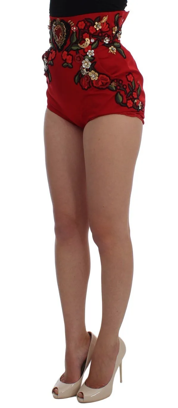 Red Silk Crystal Roses Shorts