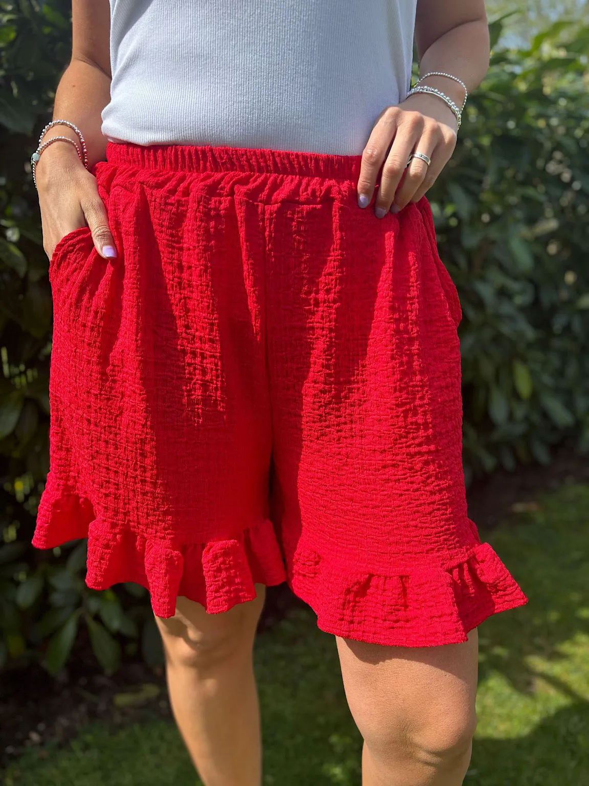 Red Textured Ruffle Hem Corrina Shorts