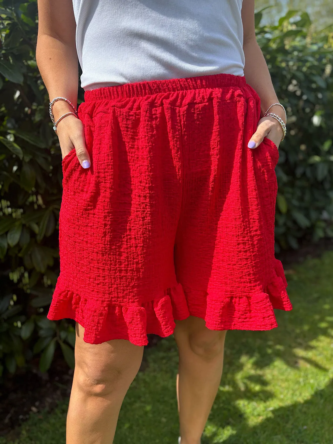 Red Textured Ruffle Hem Corrina Shorts