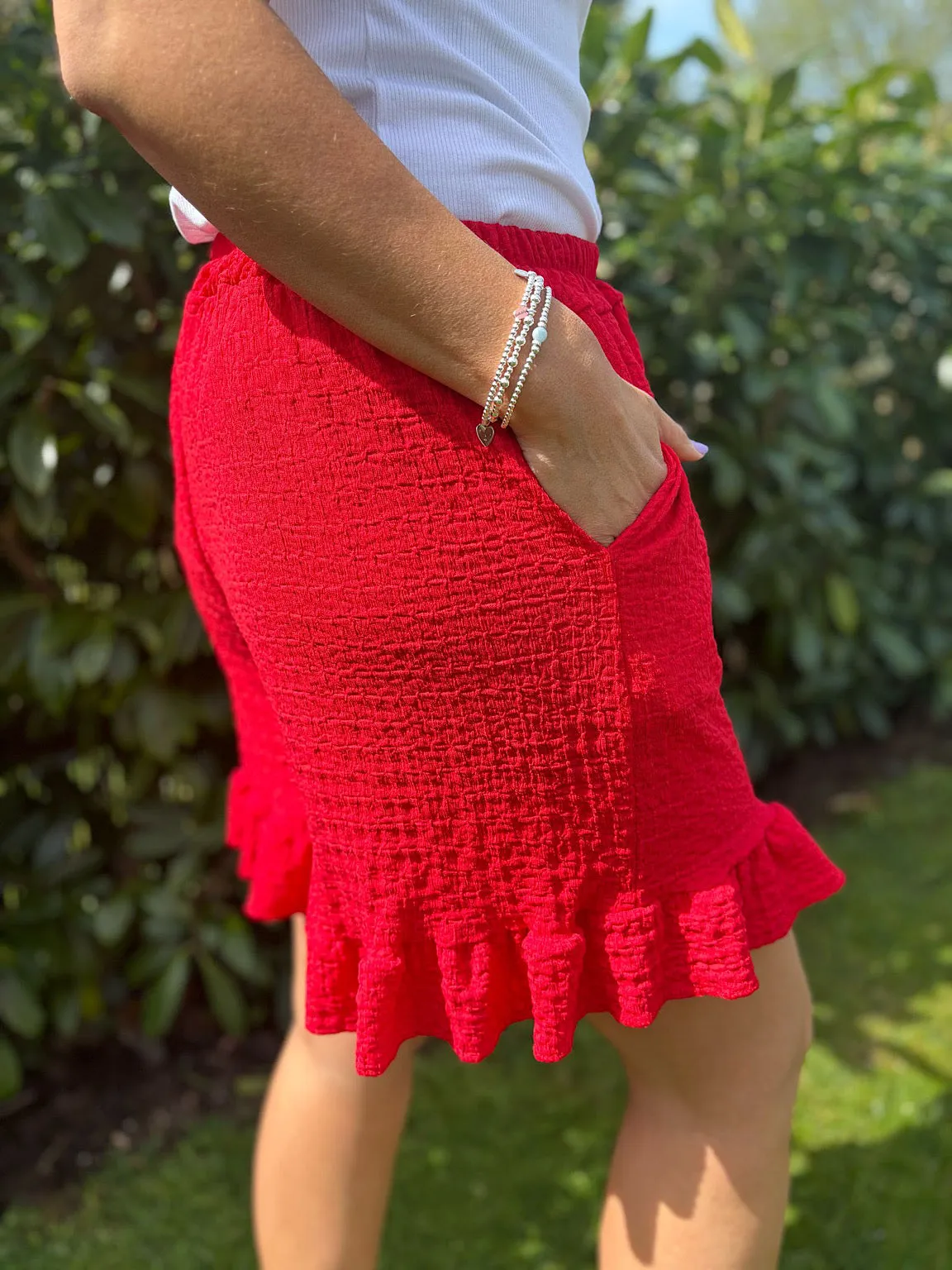 Red Textured Ruffle Hem Corrina Shorts