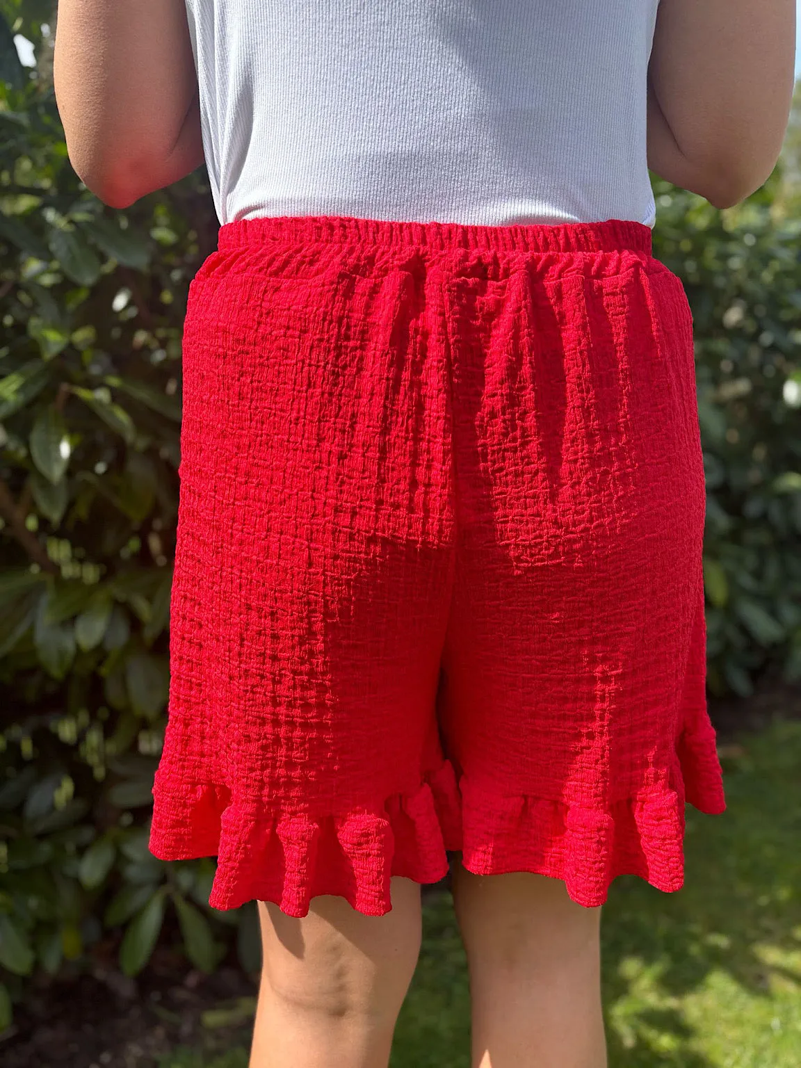 Red Textured Ruffle Hem Corrina Shorts