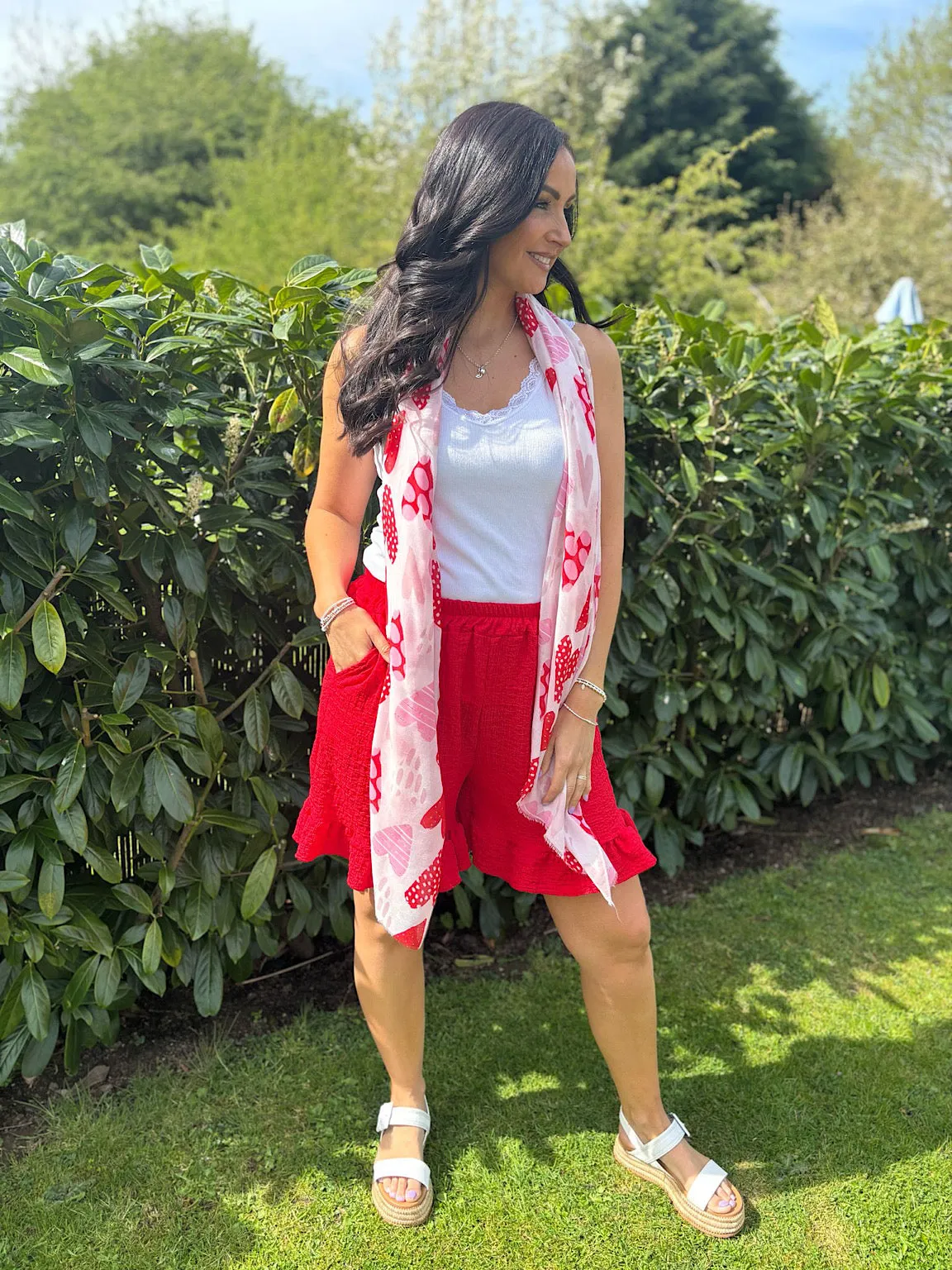 Red Textured Ruffle Hem Corrina Shorts