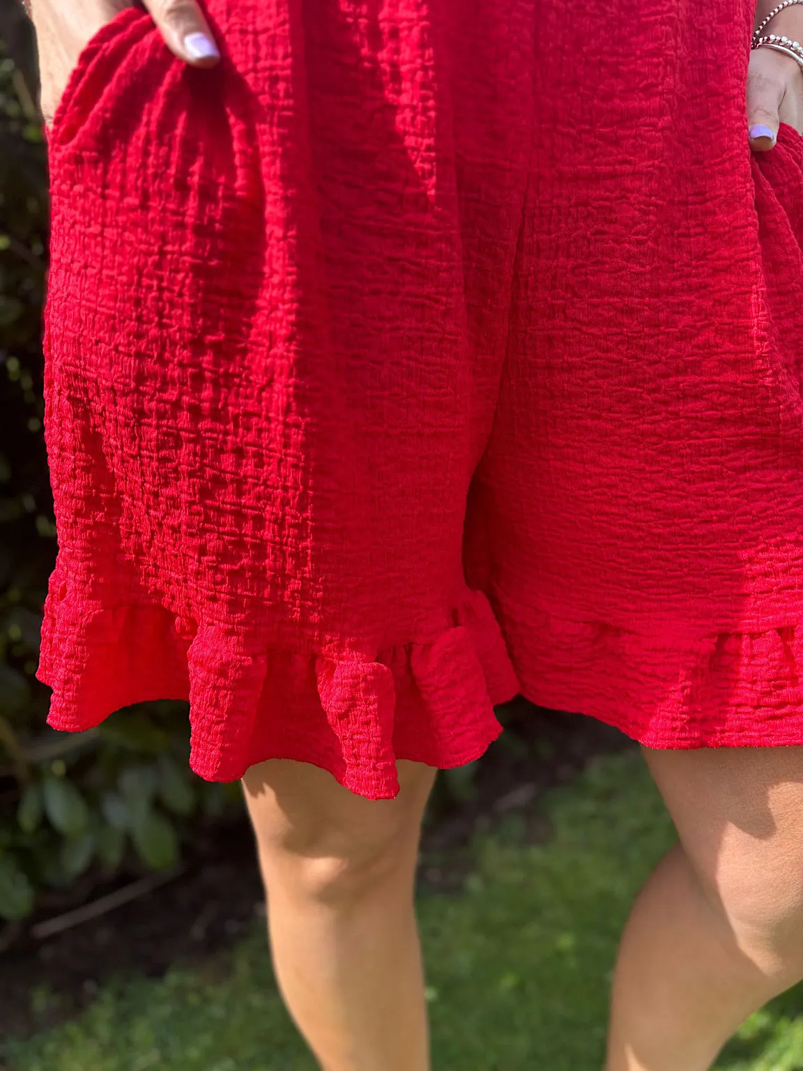 Red Textured Ruffle Hem Corrina Shorts