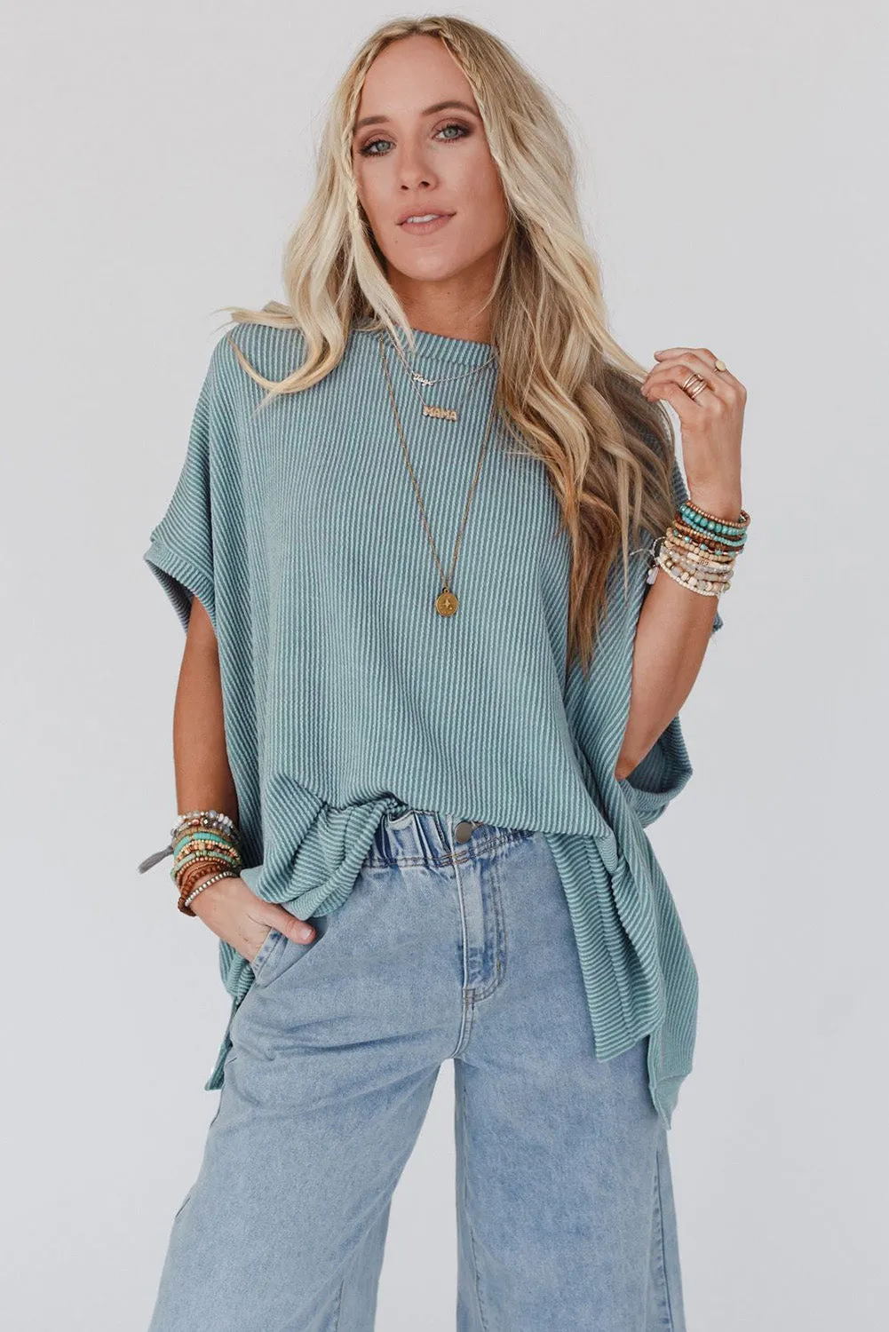 Ribbed Knit Batwing Sleeve Tunic Oversized T Shirt