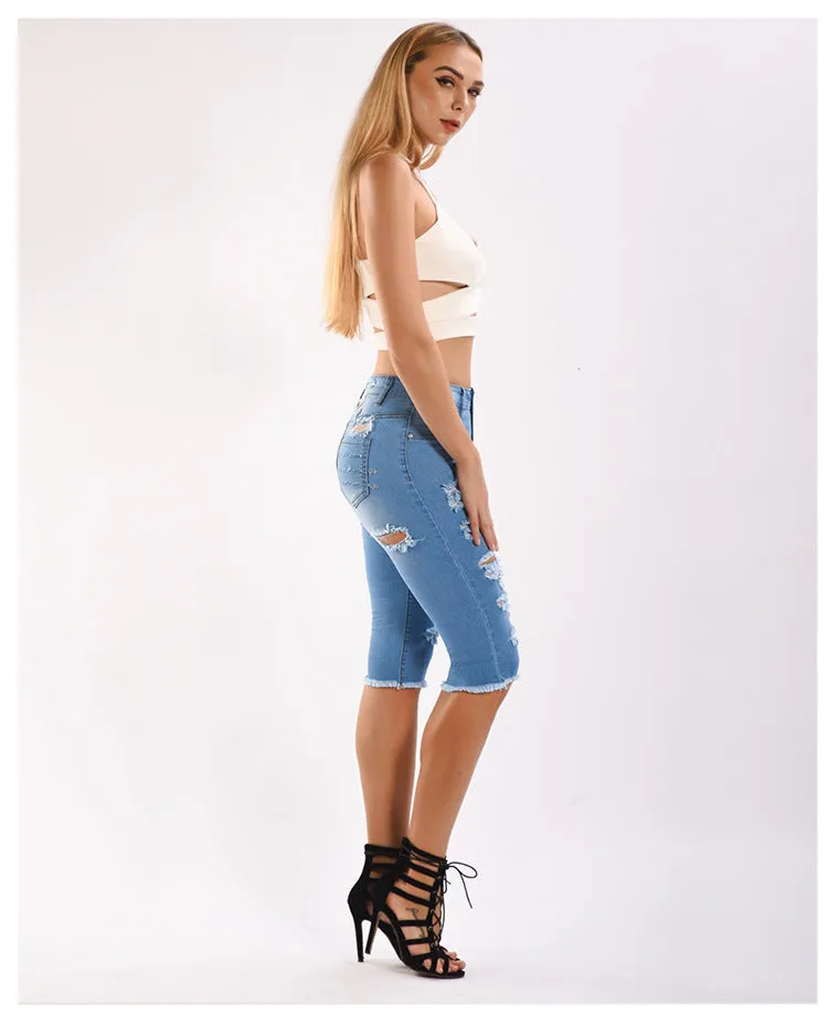Ripped Stretch Denim Capri Pants