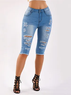 Ripped Stretch Denim Capri Pants