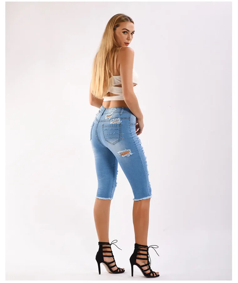 Ripped Stretch Denim Capri Pants