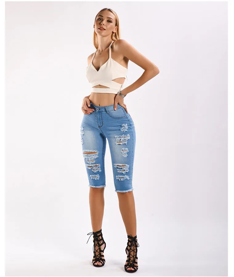 Ripped Stretch Denim Capri Pants