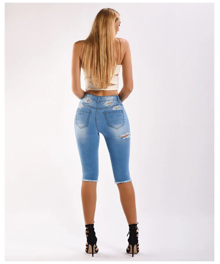 Ripped Stretch Denim Capri Pants