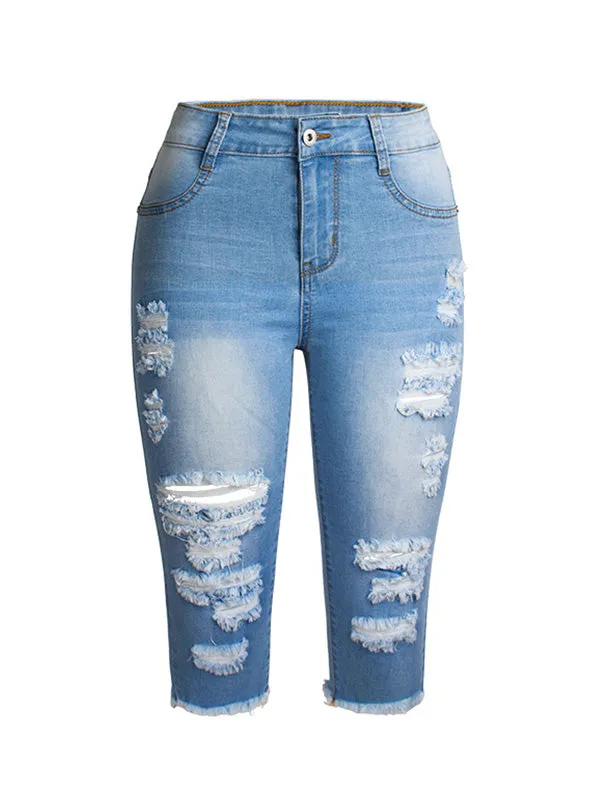 Ripped Stretch Denim Capri Pants