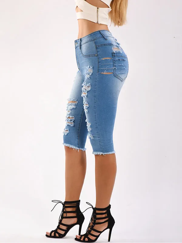 Ripped Stretch Denim Capri Pants