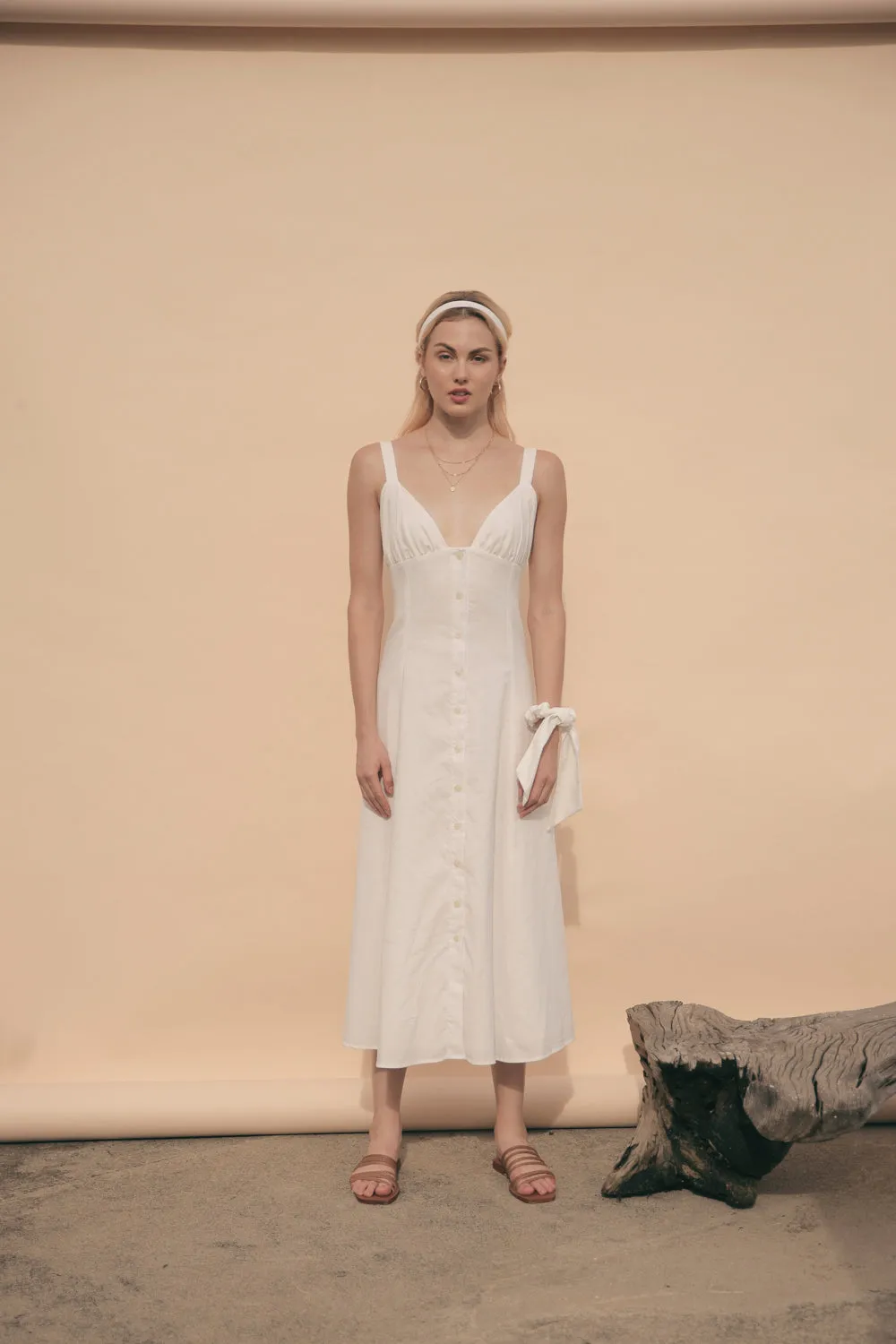 RIVIERA Button Down Slip Dress Gathered Cup Detail with Matching Scrunchie and Mask (White Linen)