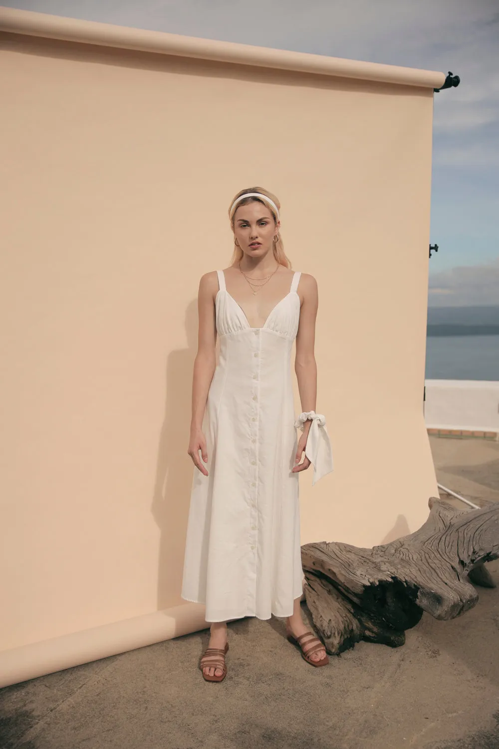 RIVIERA Button Down Slip Dress Gathered Cup Detail with Matching Scrunchie and Mask (White Linen)